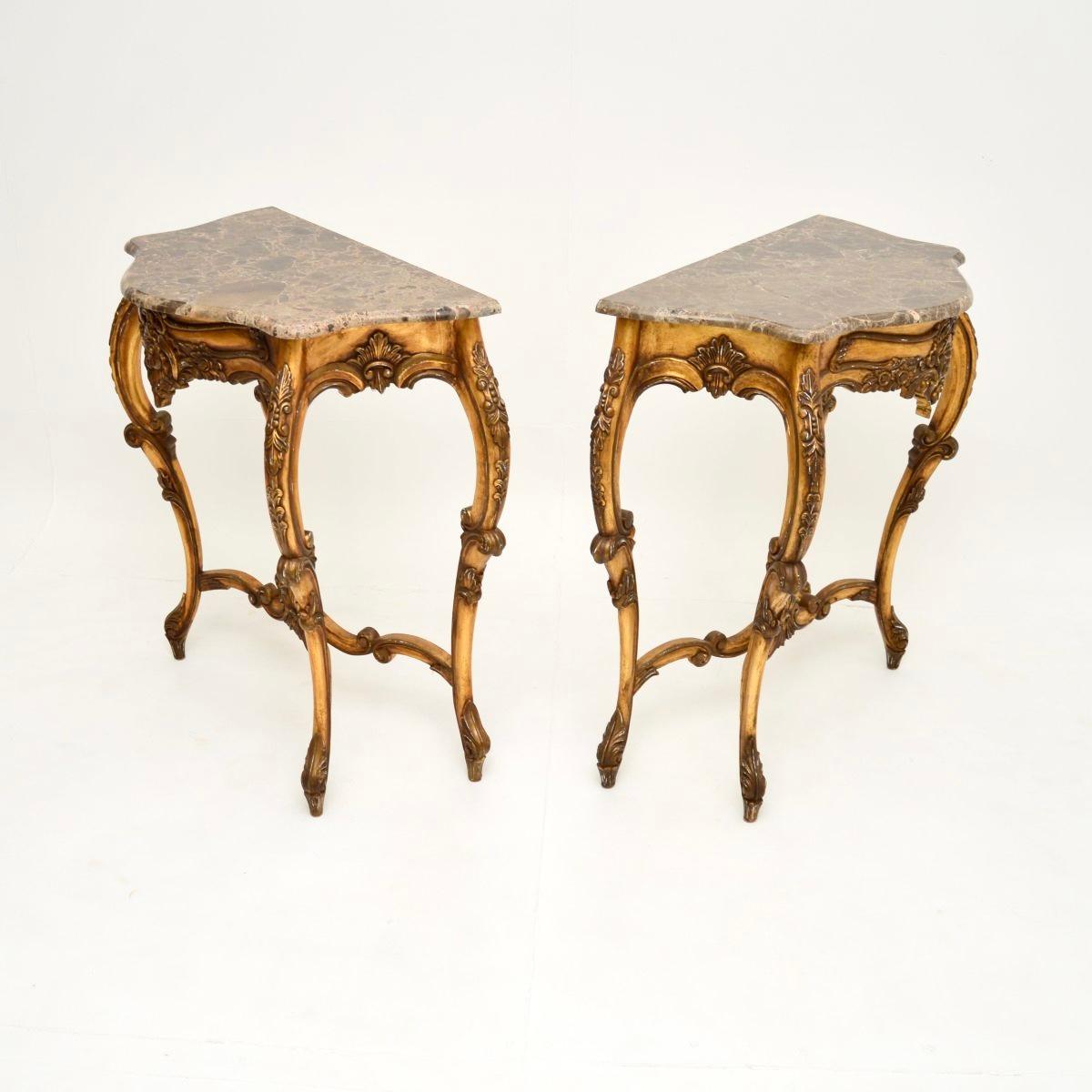 Rococo Pair of Antique French Gilt Wood Marble Top Console Tables For Sale