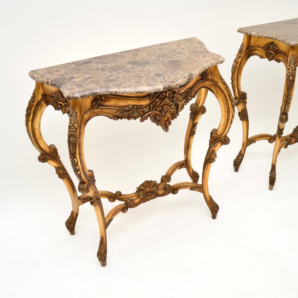 Pair of Antique French Gilt Wood Marble Top Console Tables In Good Condition For Sale In London, GB