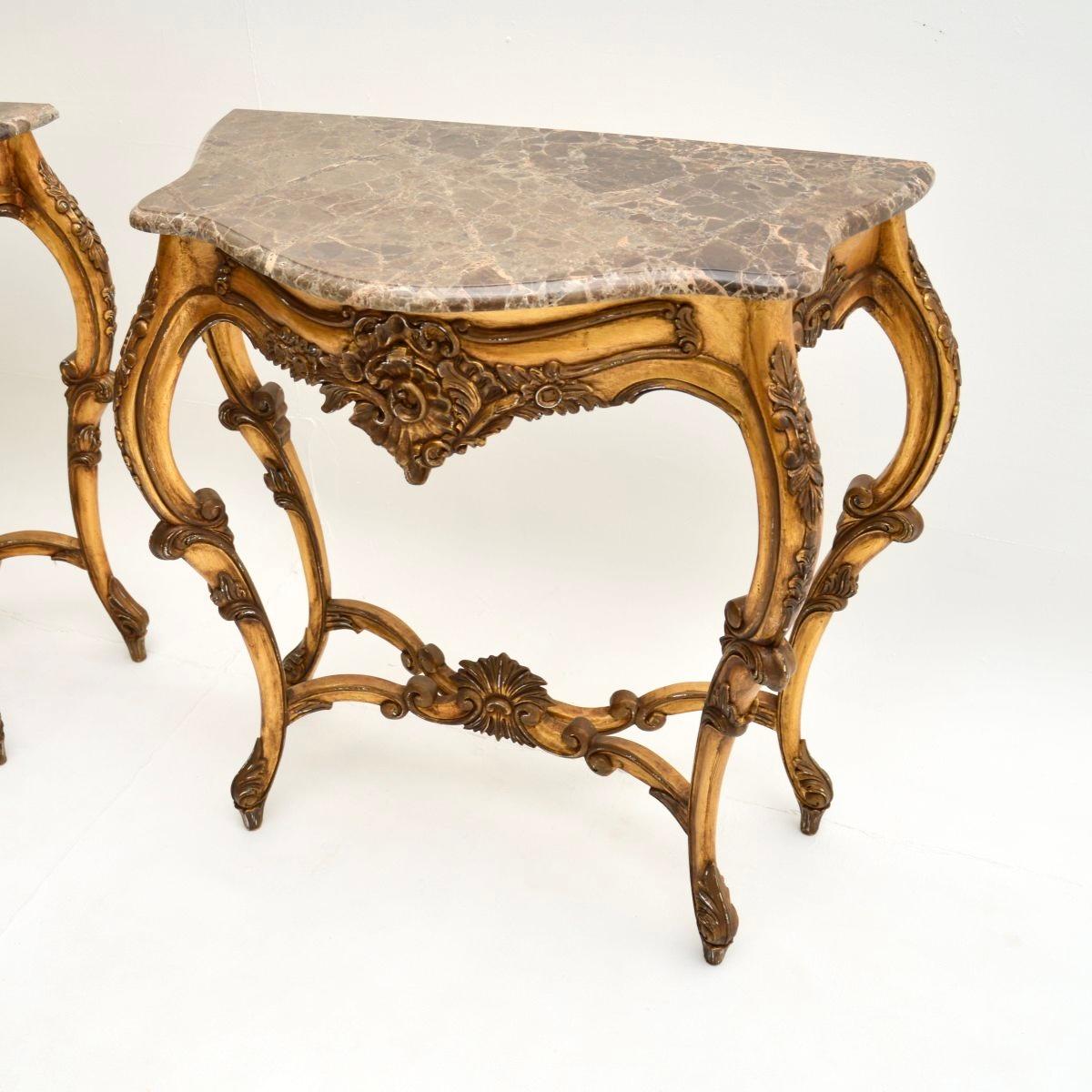 Mid-20th Century Pair of Antique French Gilt Wood Marble Top Console Tables For Sale