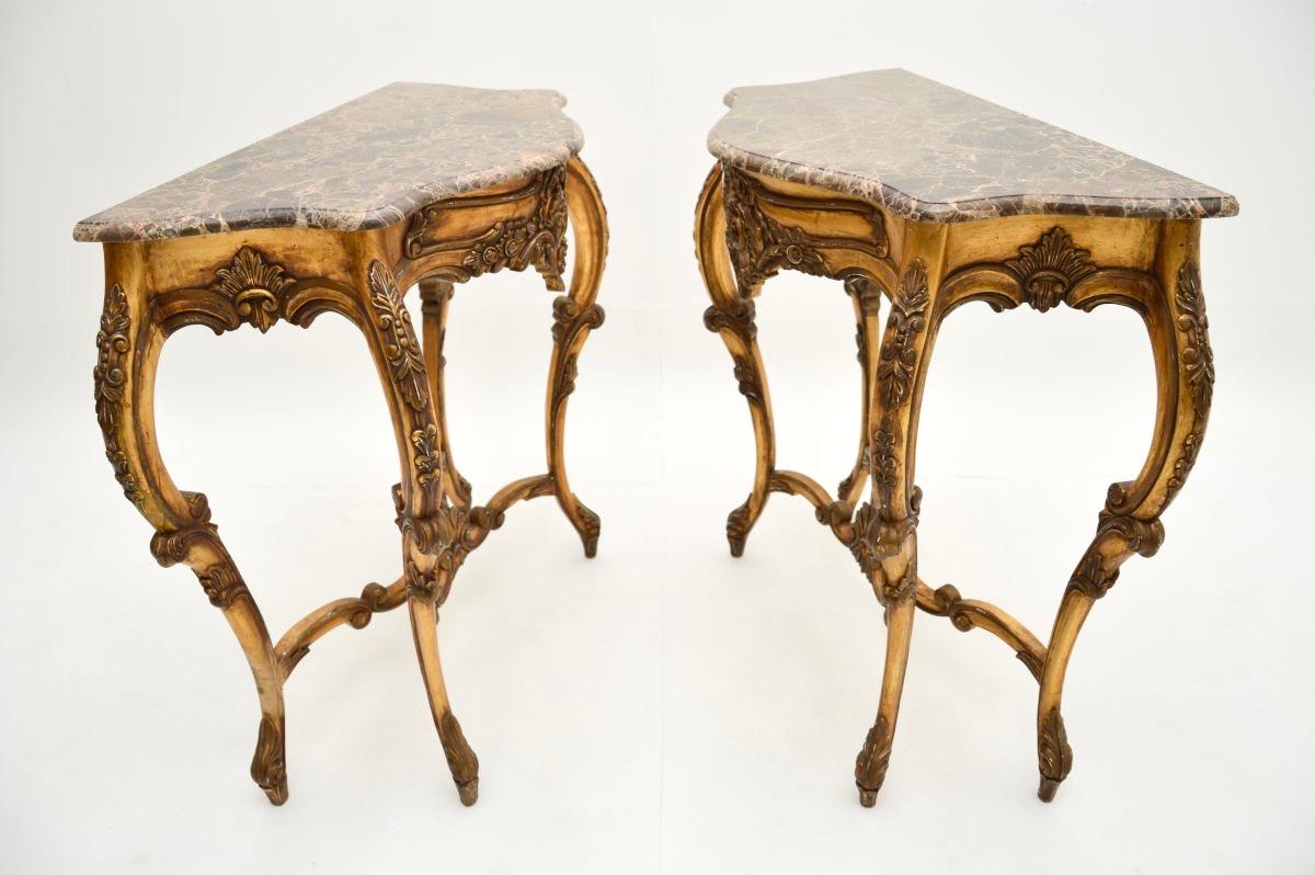 Pair of Antique French Gilt Wood Marble Top Console Tables For Sale 1