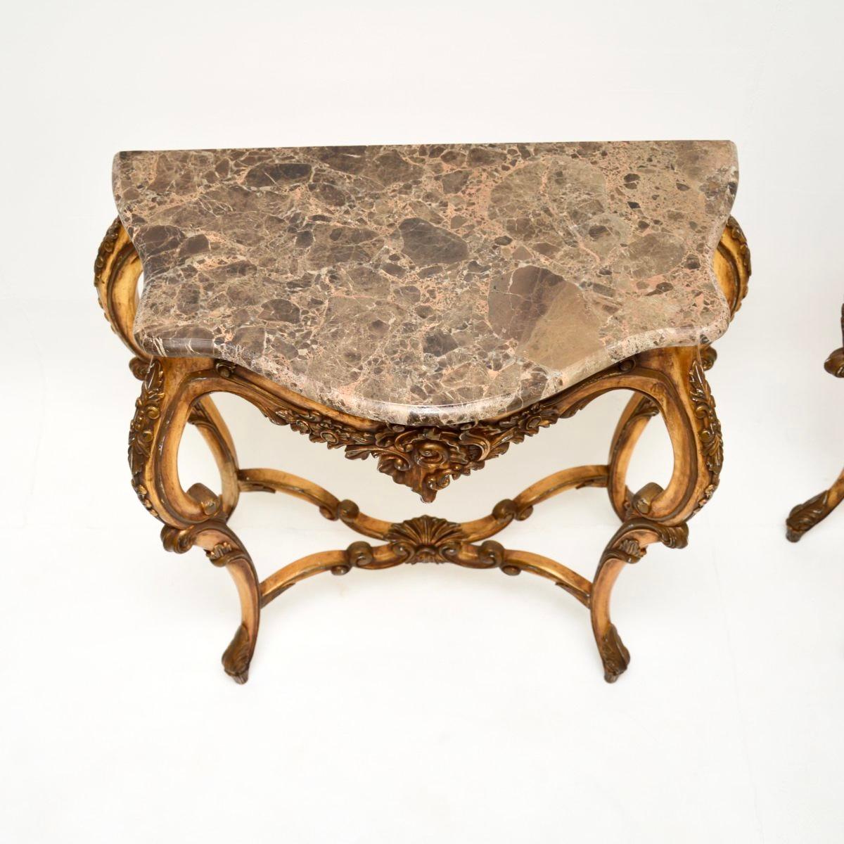 Pair of Antique French Gilt Wood Marble Top Console Tables For Sale 2