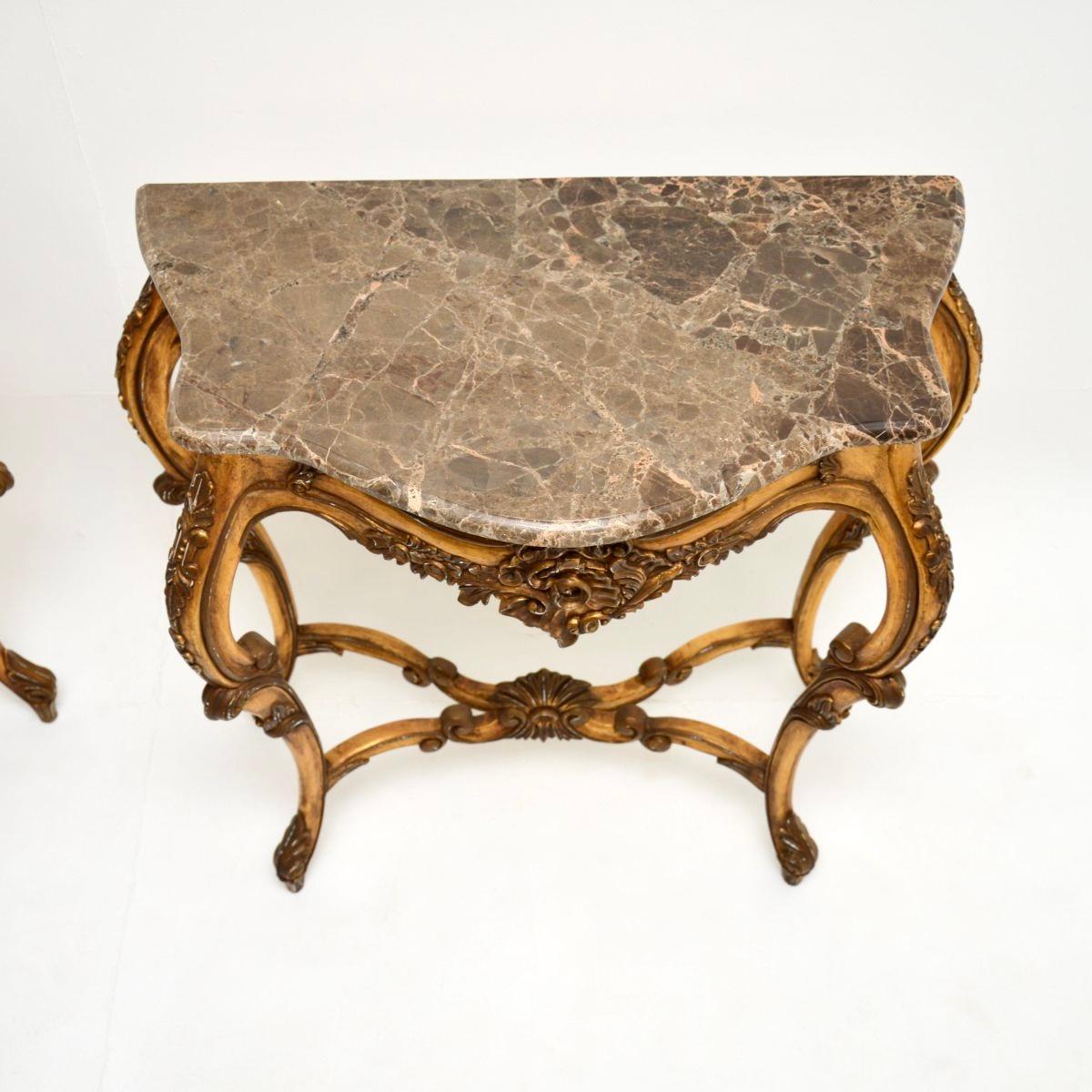 Pair of Antique French Gilt Wood Marble Top Console Tables For Sale 3