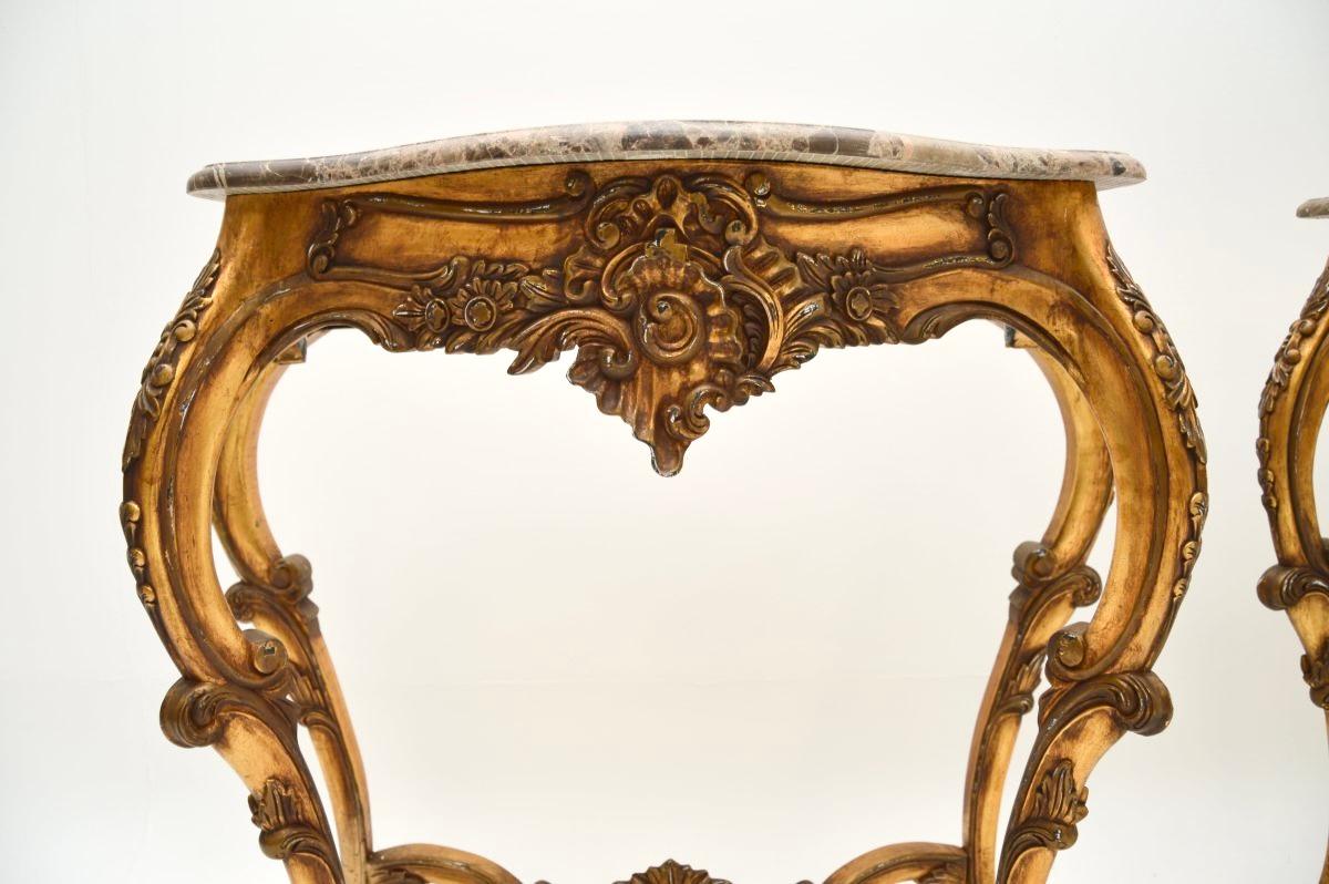 Pair of Antique French Gilt Wood Marble Top Console Tables For Sale 4