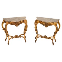 Pair of Antique French Gilt Wood Marble Top Console Tables