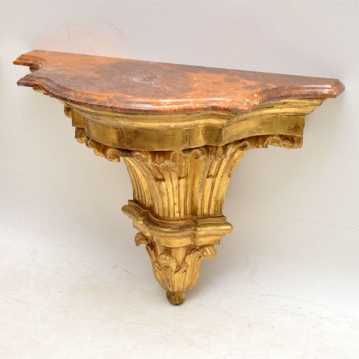 Mid-19th Century Pair of Antique French Giltwood and Marble Wall Mounting Side Tables
