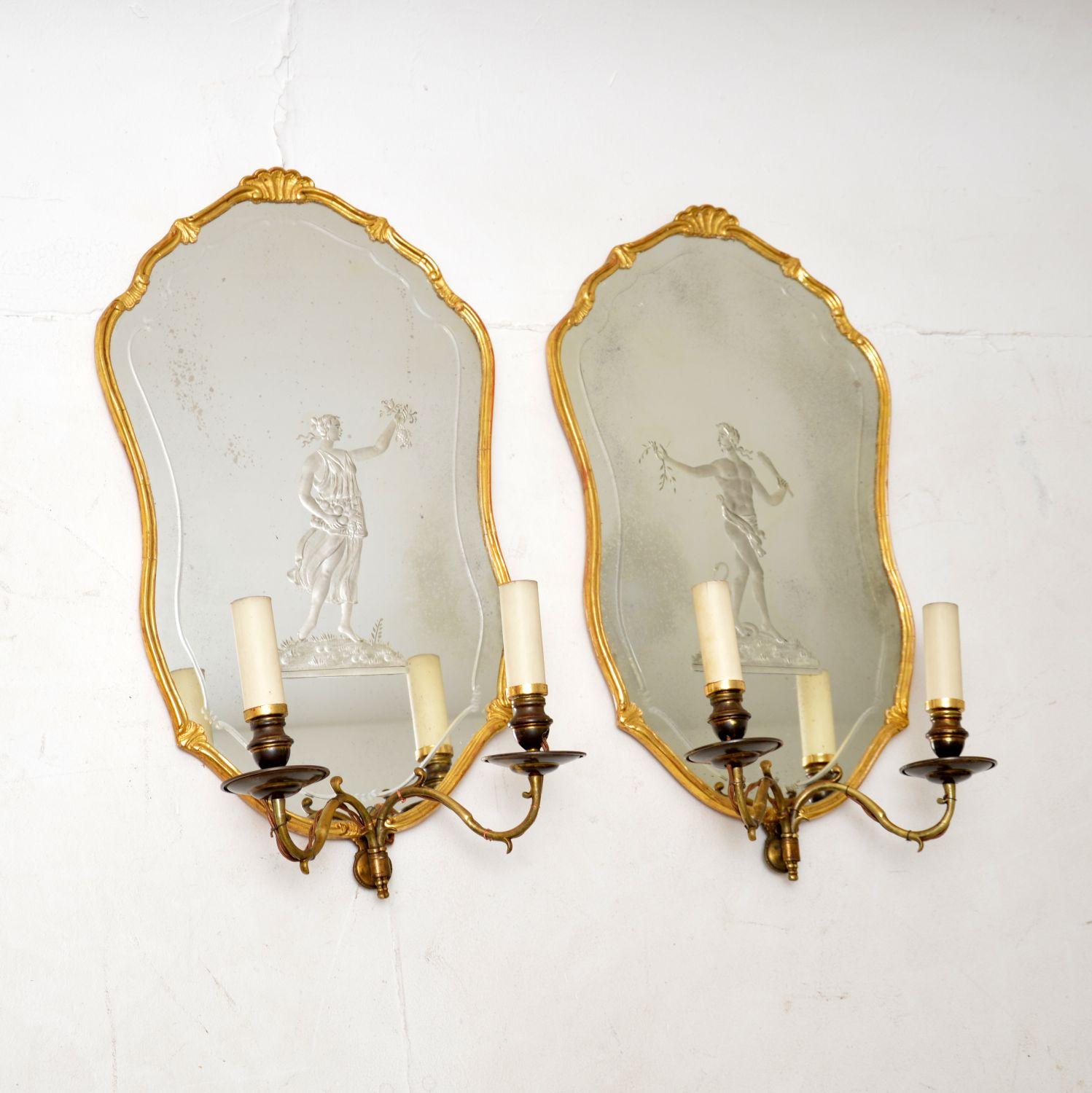 Louis XV Pair of Antique French Gilt Wood Wall Sconce Mirrors For Sale