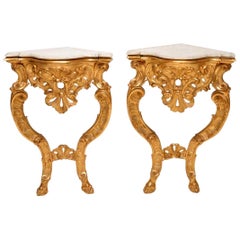 Pair of Antique French Giltwood and Marble Corner Tables