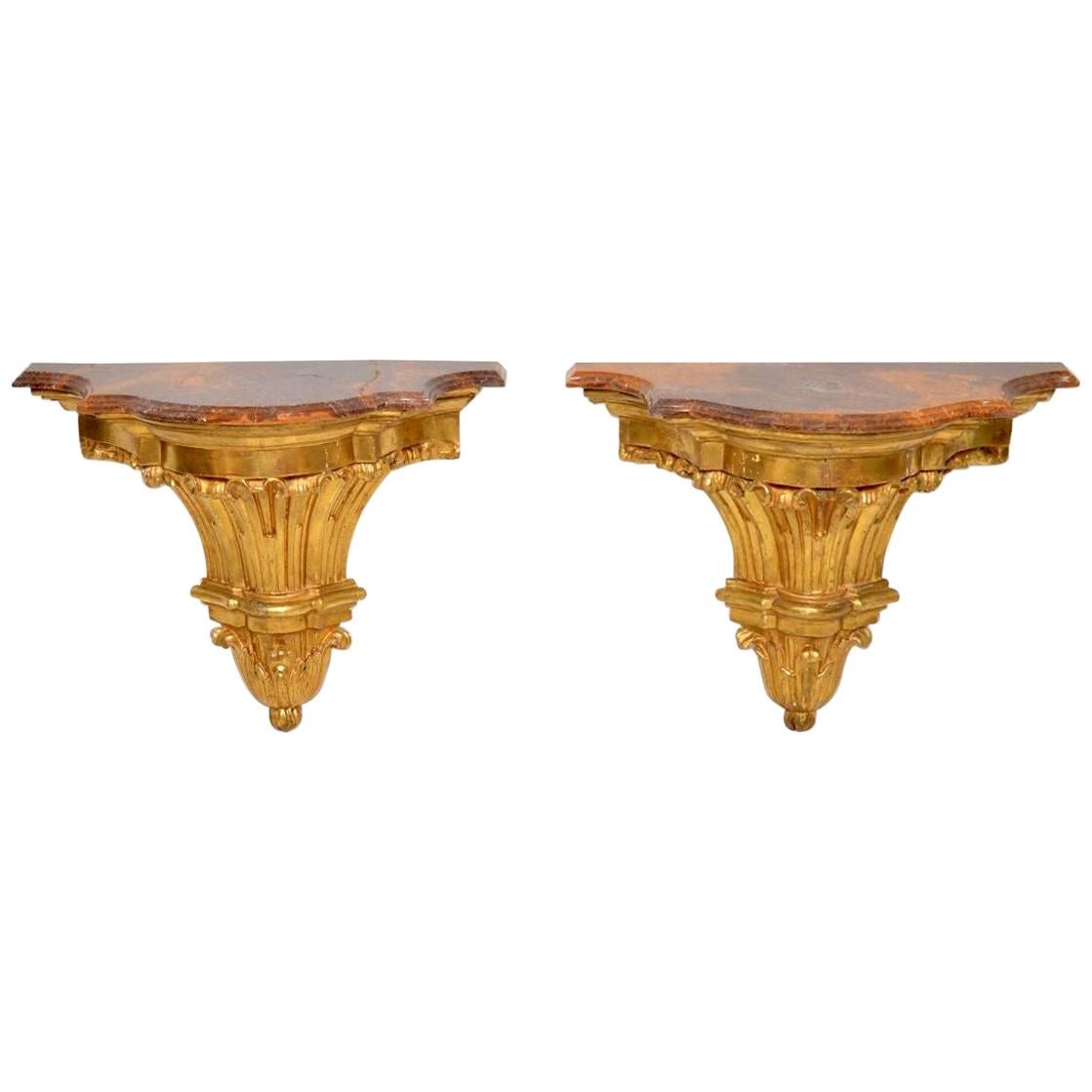 Pair of Antique French Giltwood and Marble Wall Mounting Side Tables