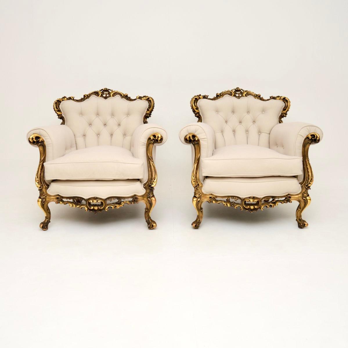 A stunning pair of antique French gilt wood armchairs, dating from around the 1930’s.

They are of outstanding quality, they have generous proportions and are very comfortable. The gilt wood frames have stunning and intricate carving, in the