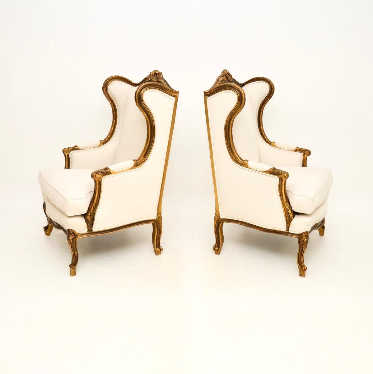 An absolutely stunning pair of antique French gilt wood armchairs, dating from around the 1930’s.

They are of superb quality, with gorgeous carving and a wonderful design. The gilt wood frames have a gorgeous patina, they are generous and very