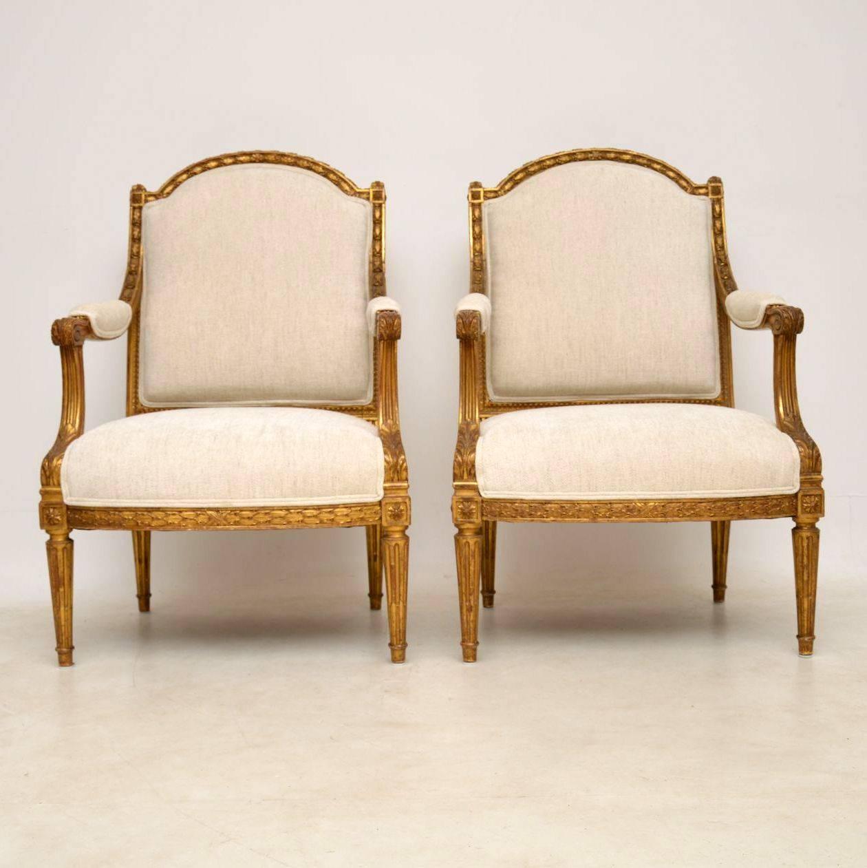 Early Victorian Pair of Antique French Giltwood Armchairs