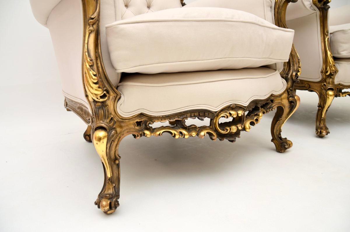 Fabric Pair of Antique French Giltwood Armchairs For Sale