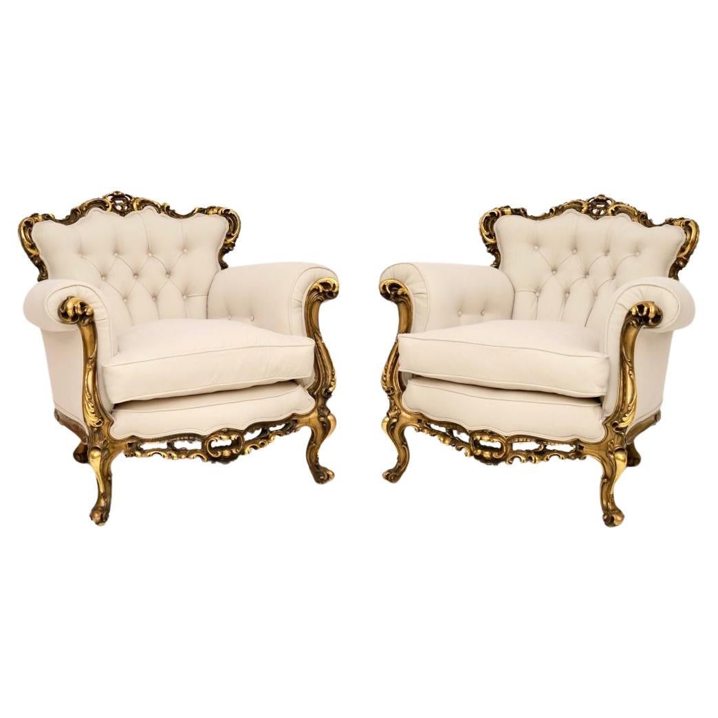Pair of Antique French Giltwood Armchairs For Sale