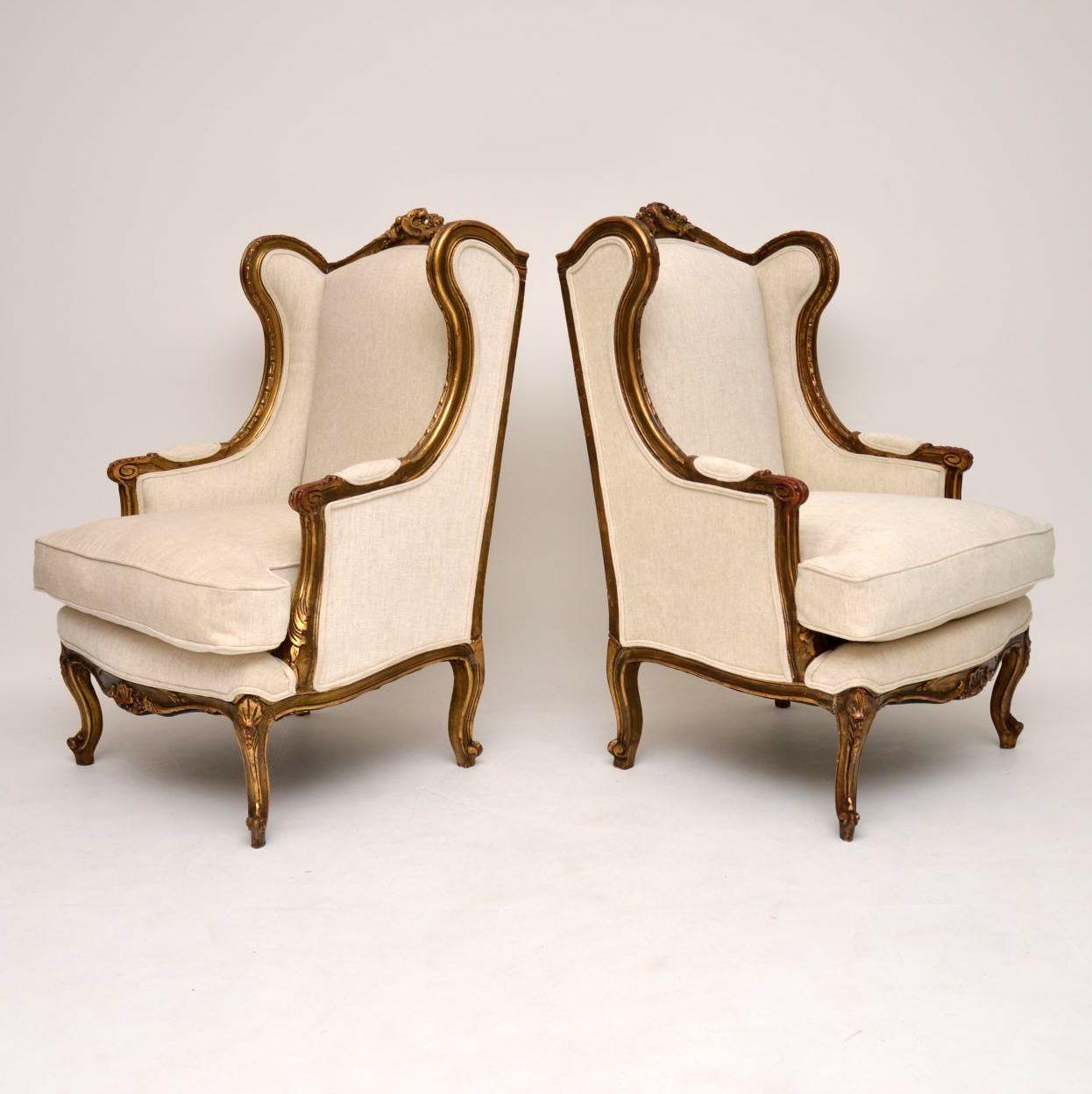 Pair of Antique French Giltwood Wingback Armchairs 6