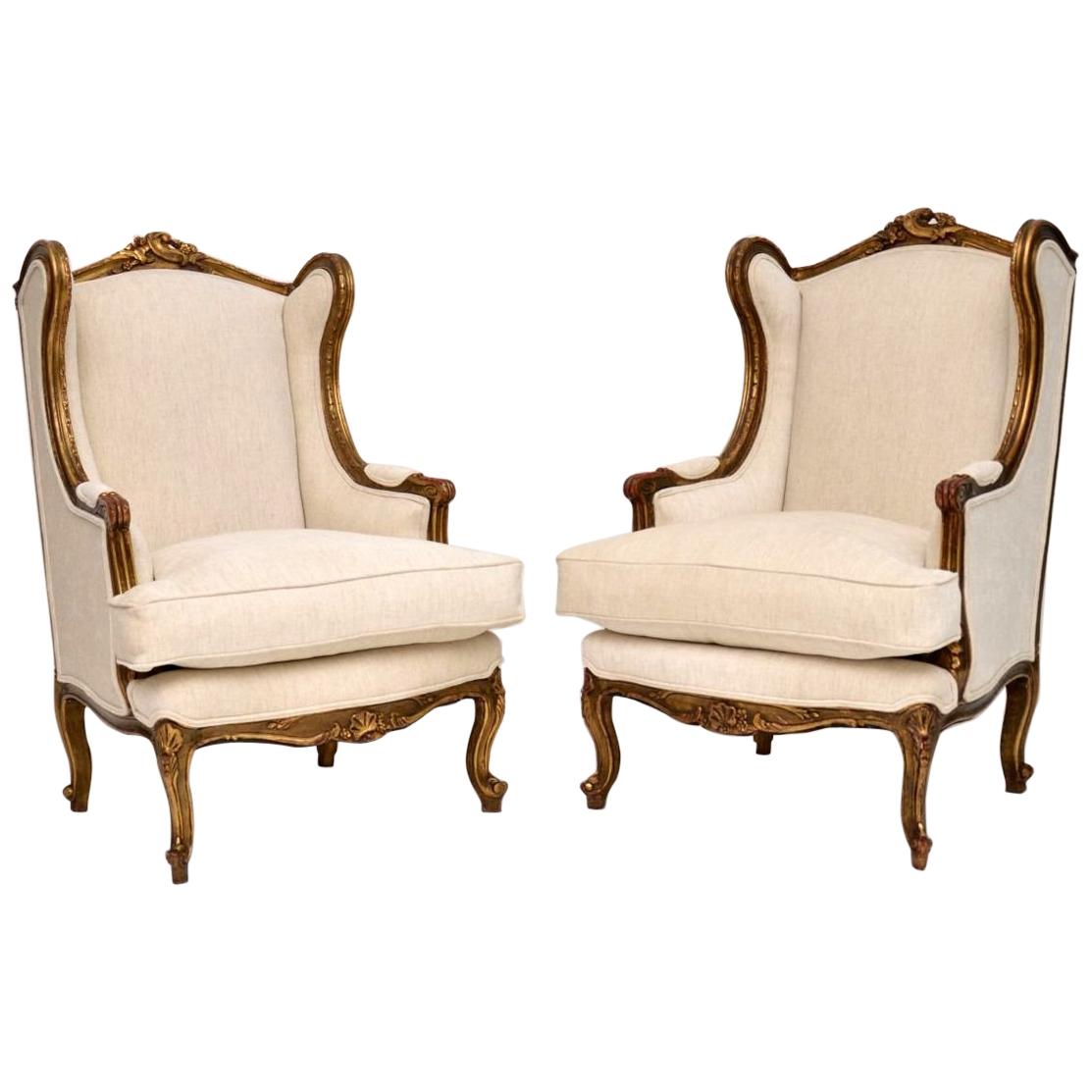 Pair of Antique French Giltwood Wingback Armchairs