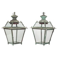Pair of Antique Italian Glass Paneled Copper and Iron Lanterns