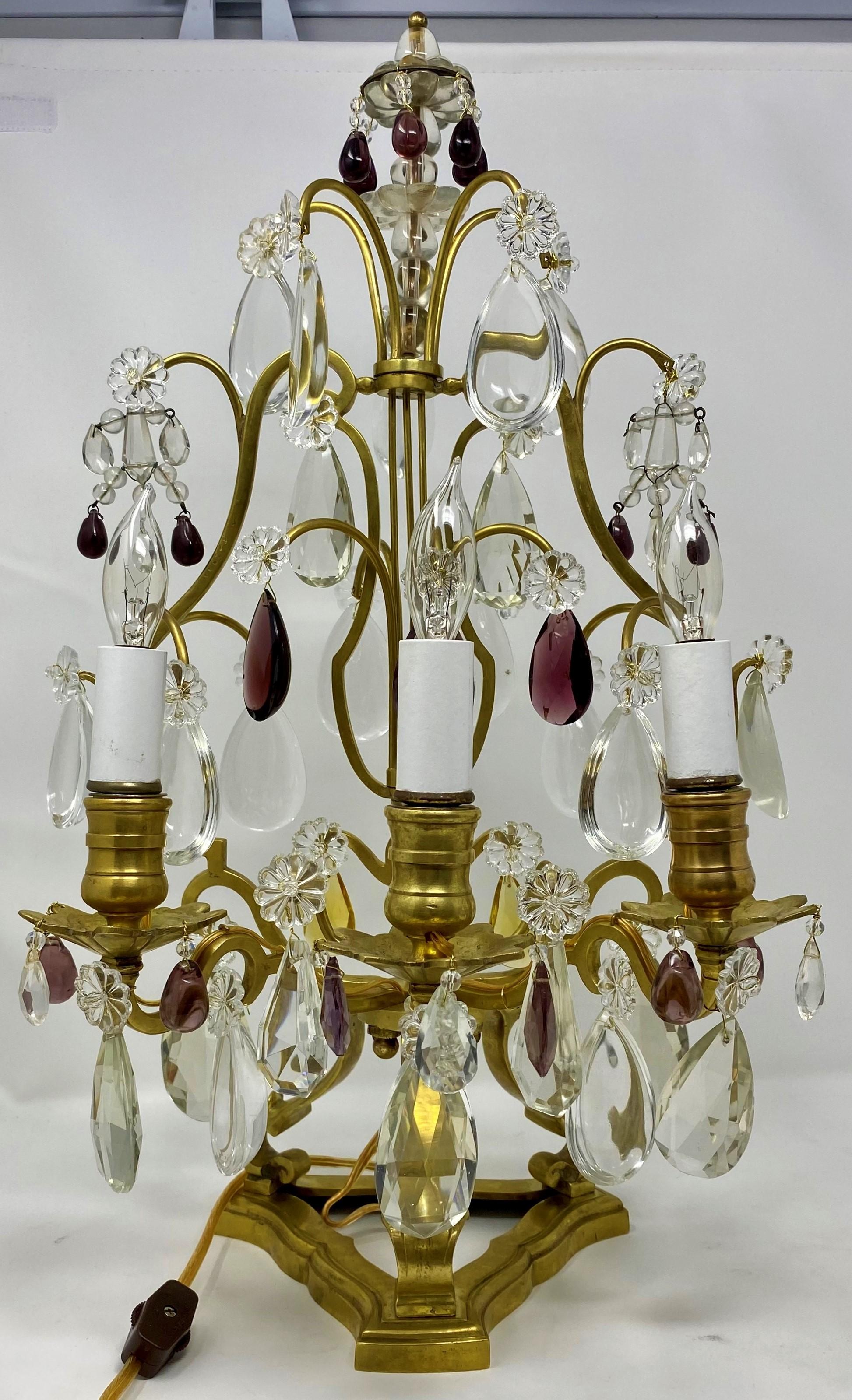 Pair of antique French gold bronze and crystal 