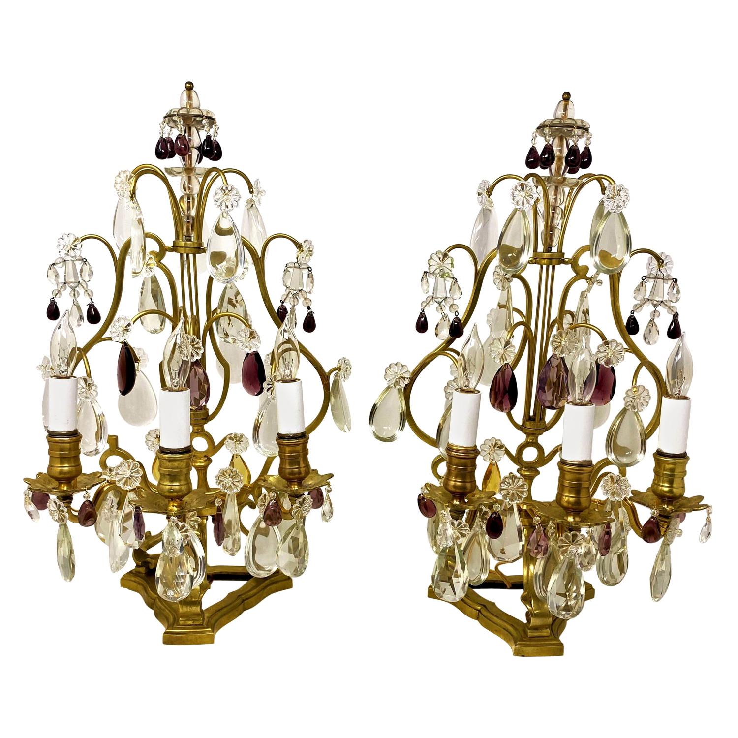 Pair of Antique French Gold Bronze and Crystal "Girondoles" Lamps, circa 1890
