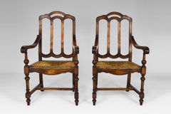 Pair of Antique French Gothic Revival / Rustic Rush Seat Armchairs in Walnut