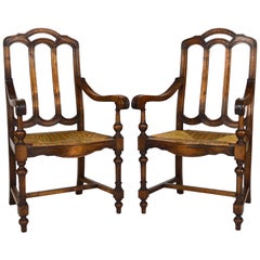 Pair of Antique French Gothic Revival / Rustic Rush Seat Armchairs in Walnut