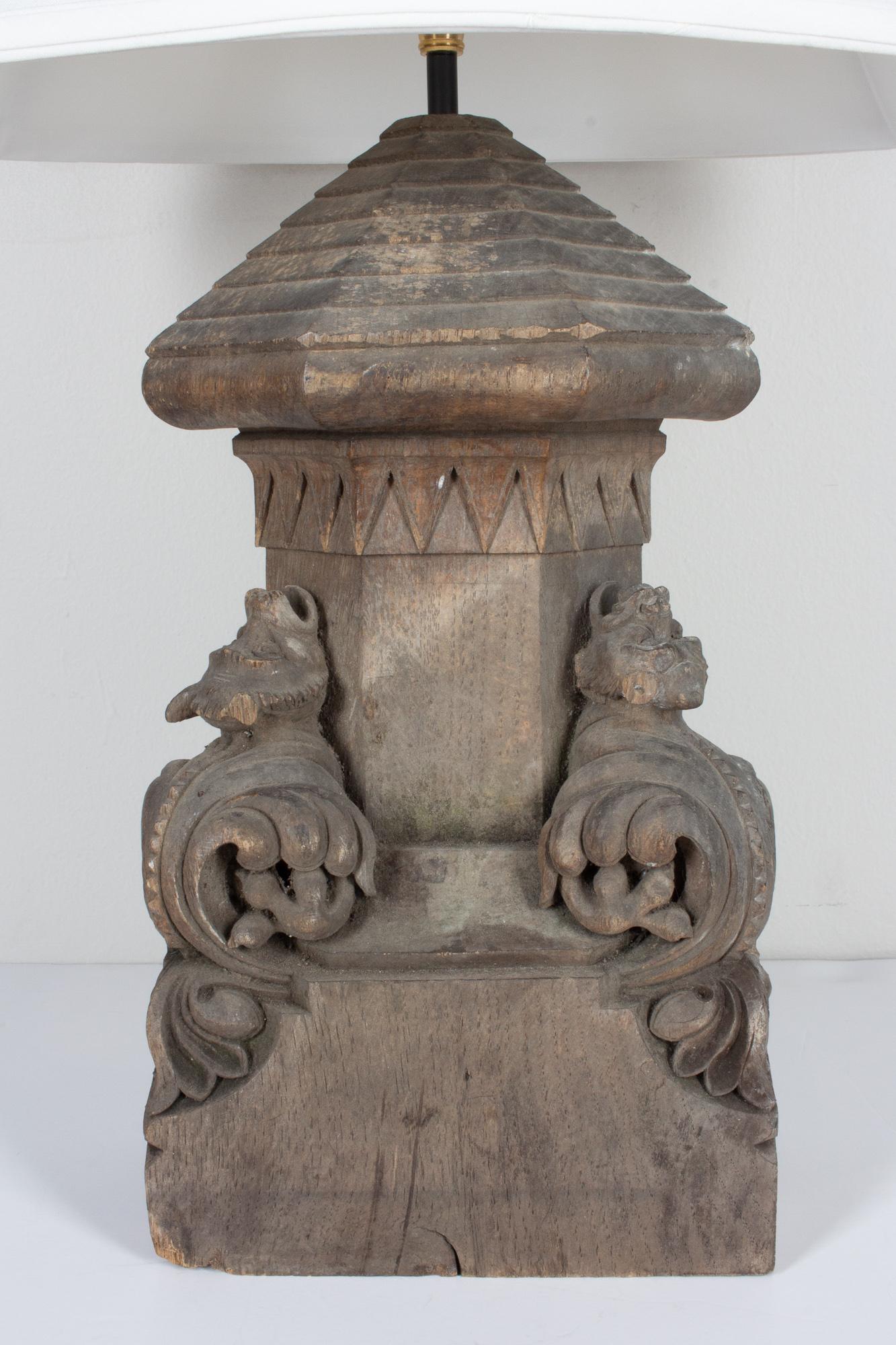 Pair of Antique French Gothic Wood Architectural Fragment Lamps In Good Condition For Sale In Houston, TX