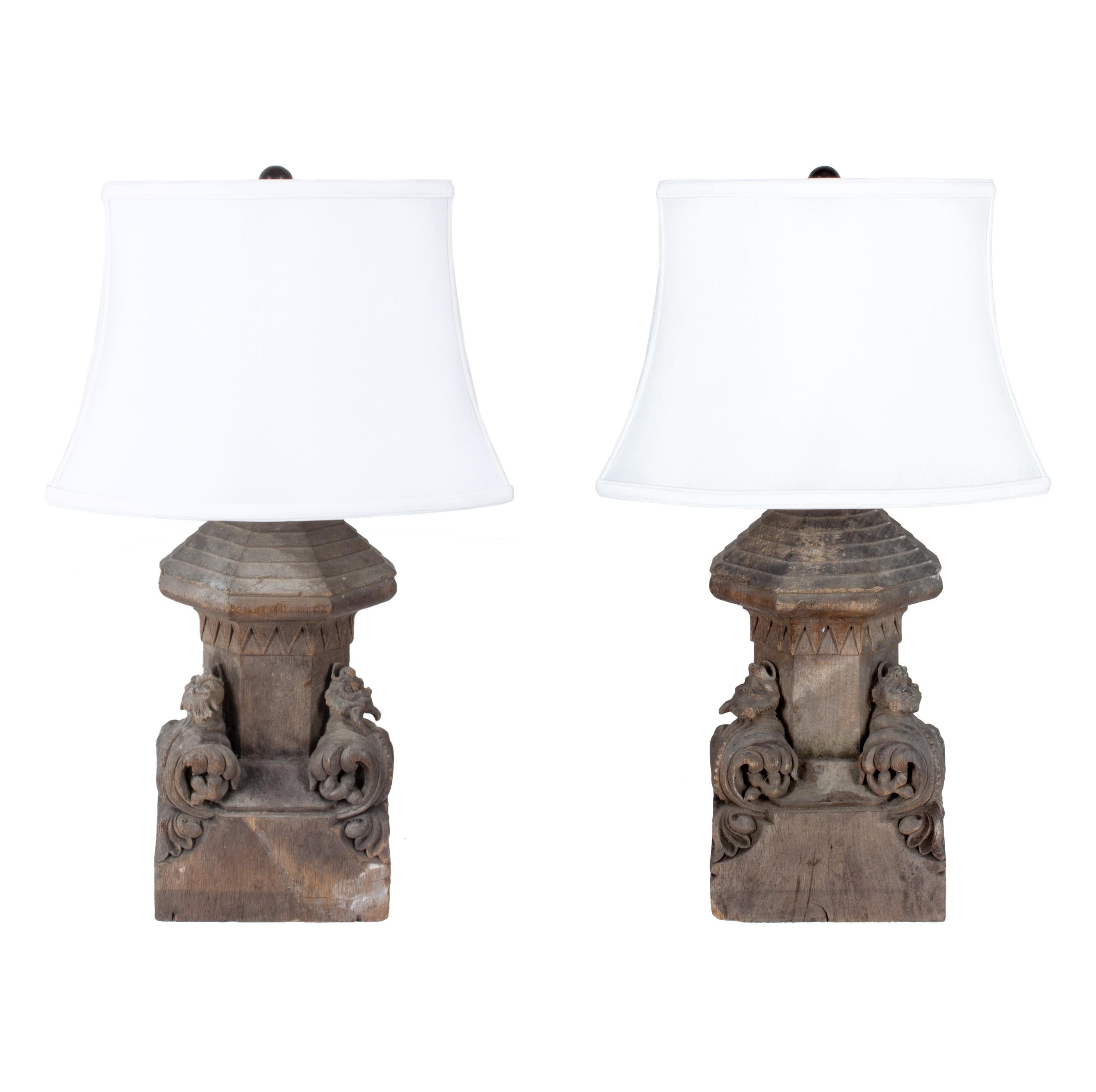 Pair of Antique French Gothic Wood Architectural Fragment Lamps For Sale
