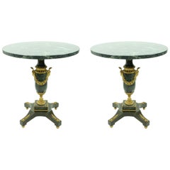 Pair of Antique French Green Marble Round Side Tables with Ormolu Decorations