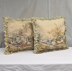 Pair of Antique French Hunt Scene Tapestry Panels Remade Into Down Pillows