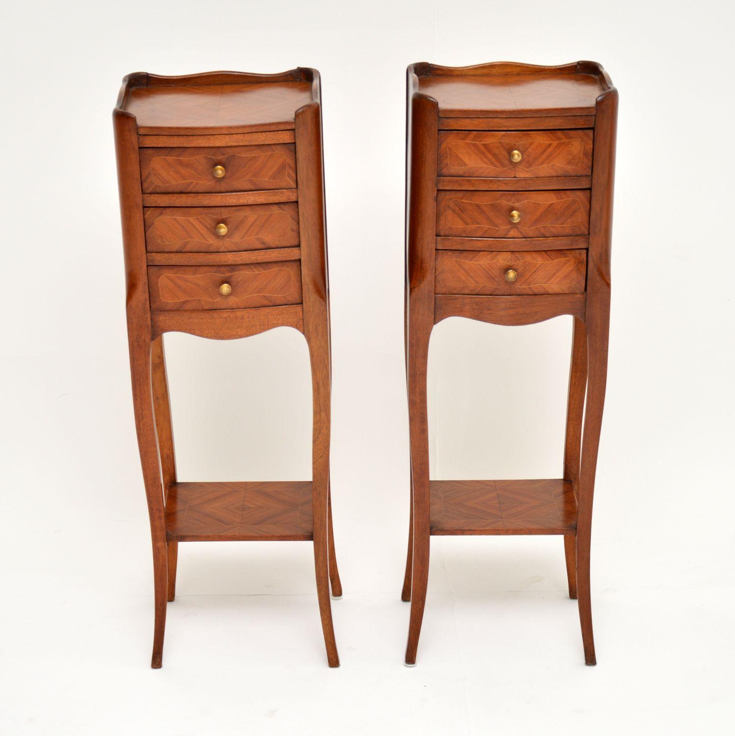 This pair of antique French kingwood cabinets have super slim proportions, so would be ideal for someone with space restrictions in the bedroom. They would also be suitable for lamp or side tables & they have polished finished backs too. The
