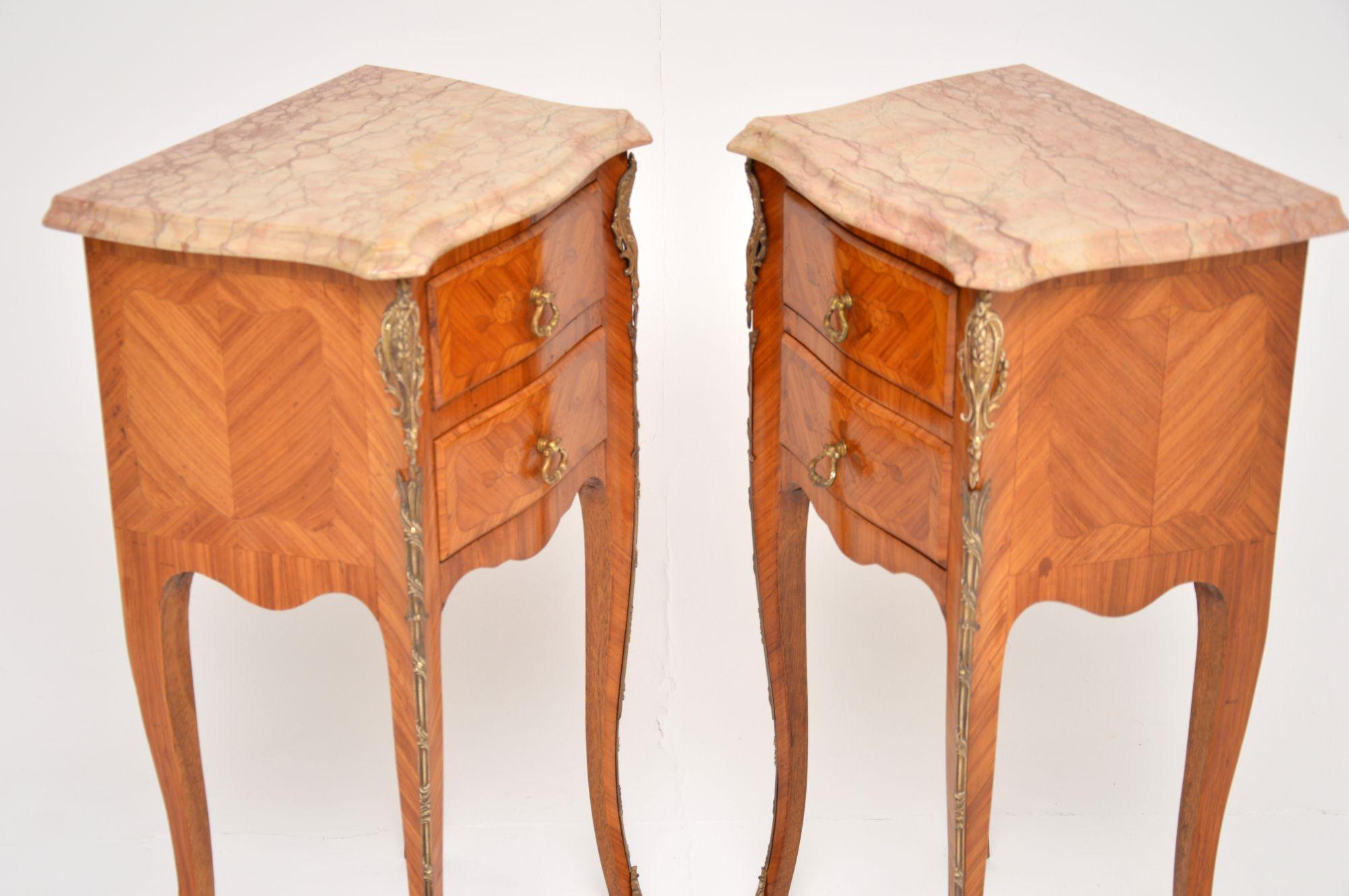 Pair of Antique French Inlaid Marble Top Bedside Chests 4