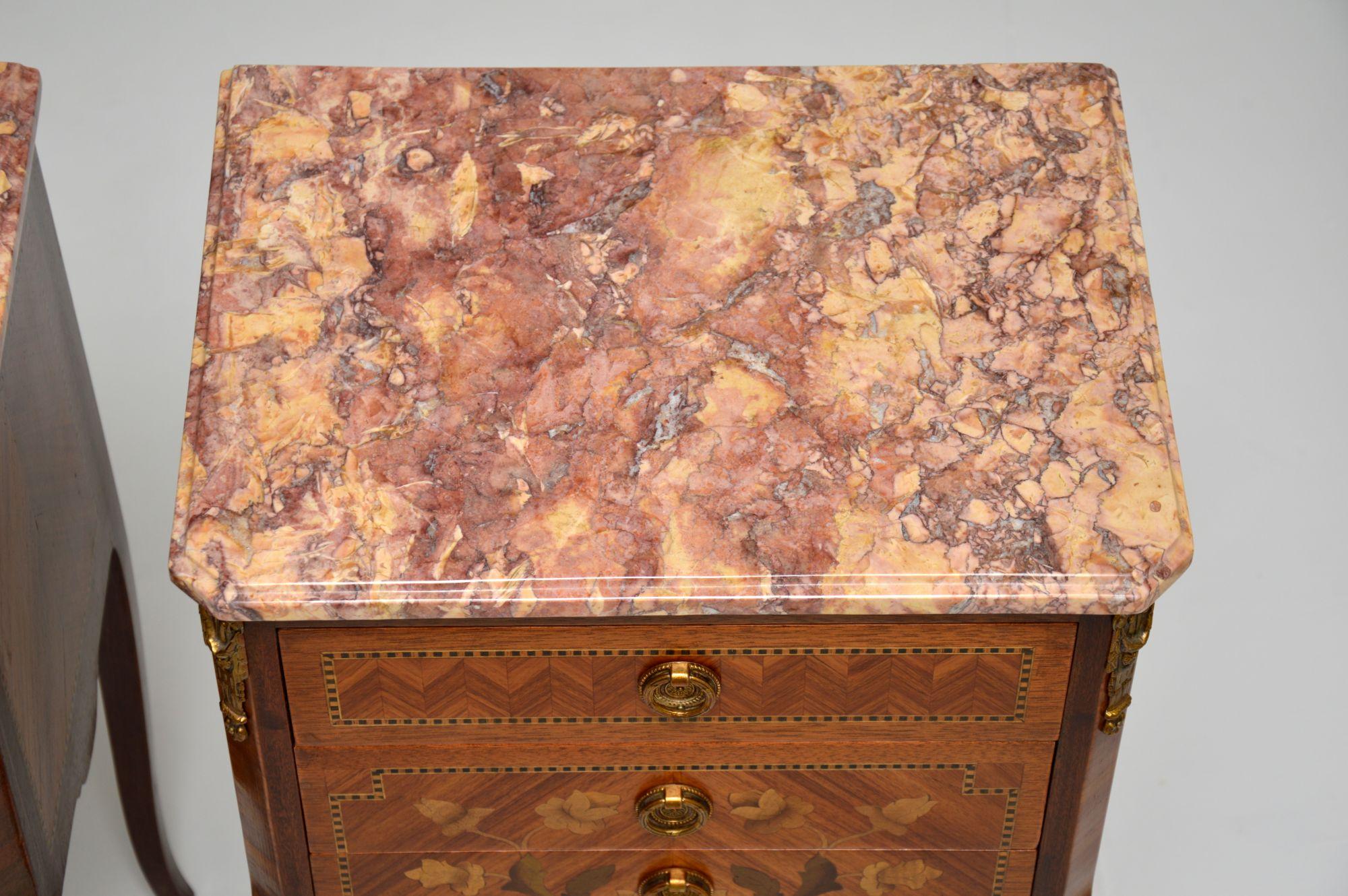 Pair of Antique French Inlaid Marble Top Bedside Chests 6