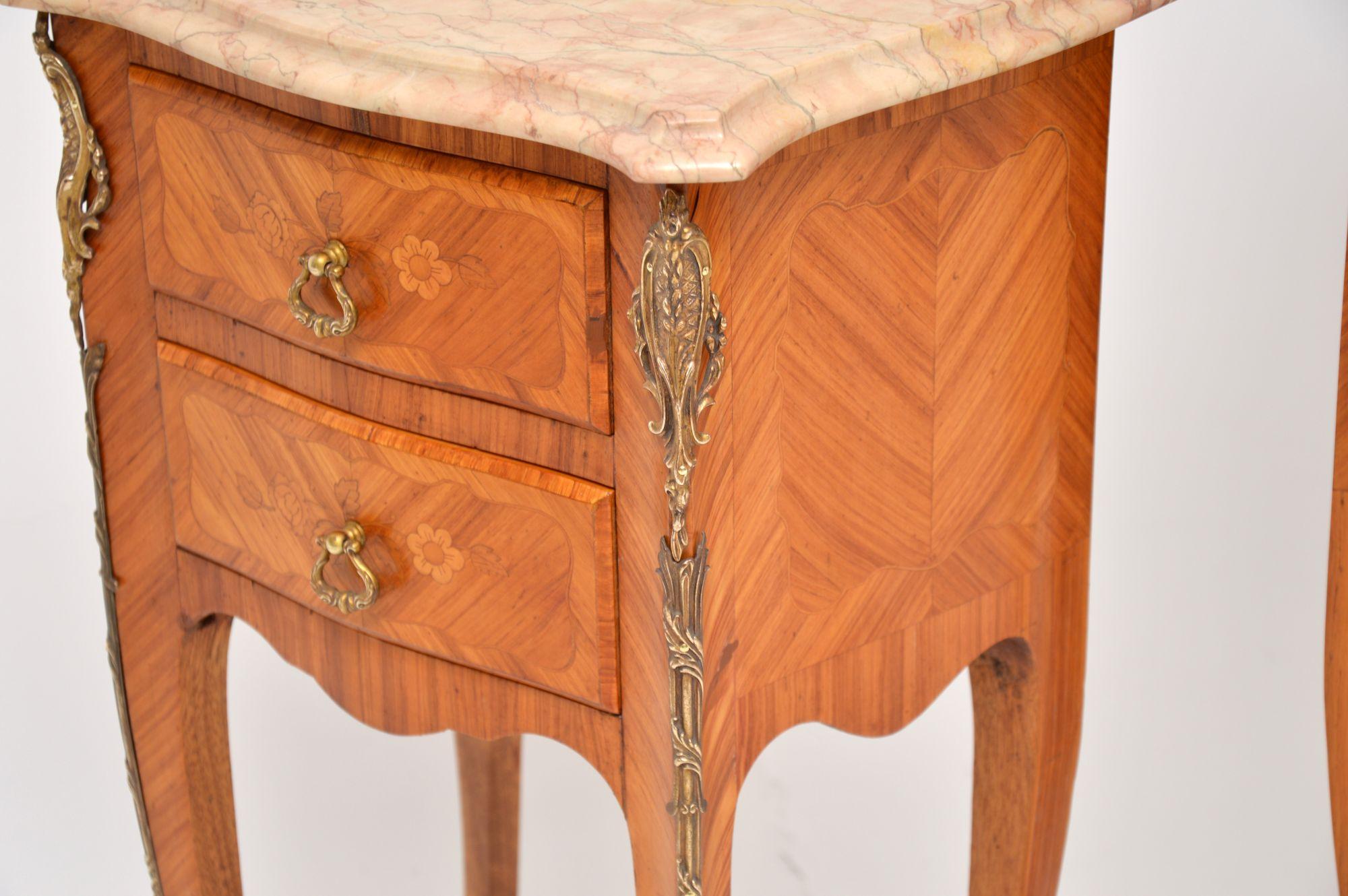 Pair of Antique French Inlaid Marble Top Bedside Chests 7