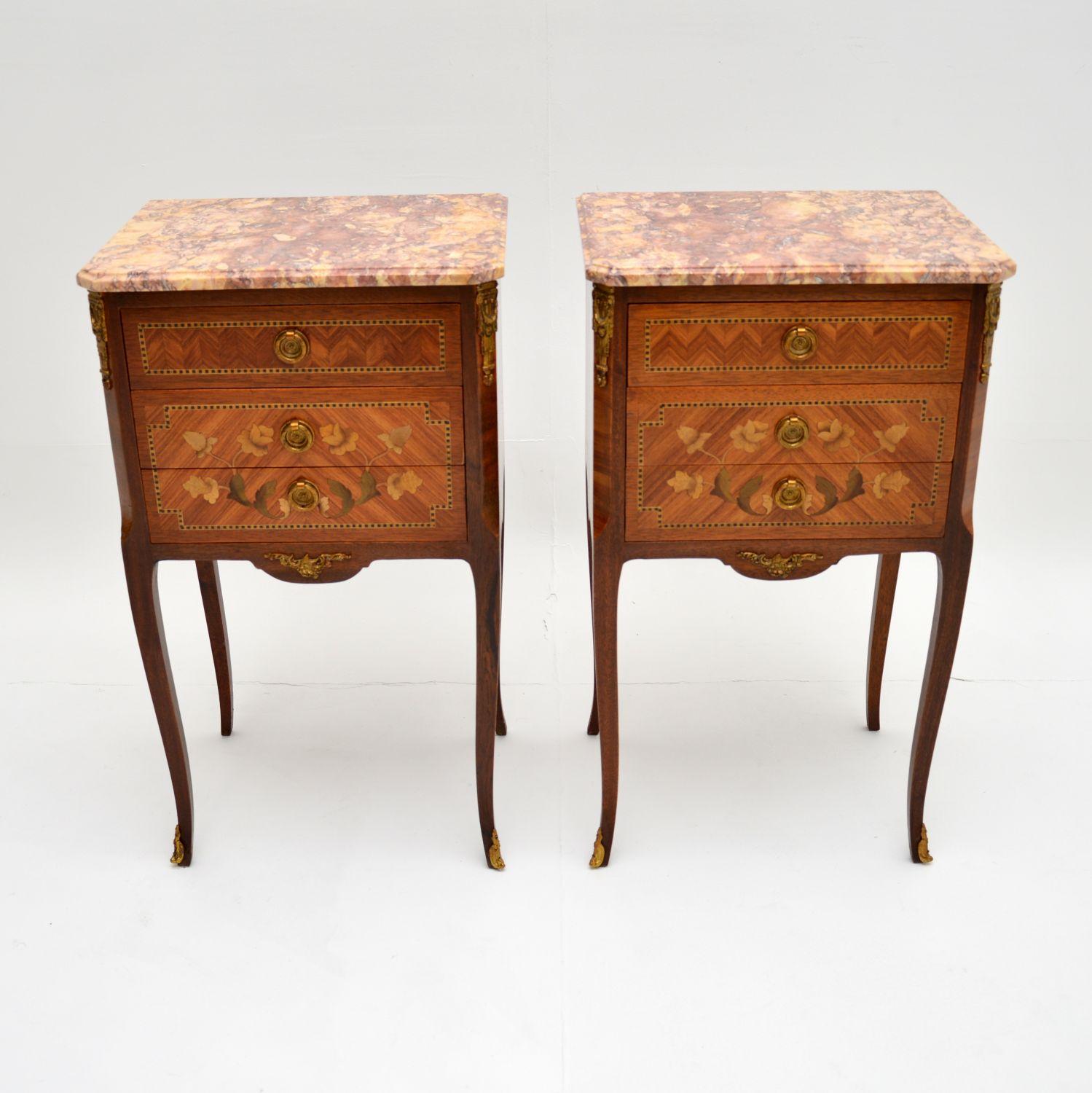 A stunning pair of antique French marble top chests on legs, which we would date from the 1900-1920’s period.

They are of amazing quality and are very versatile. The backs are nicely polished, so these could be used as bedside chests or lamp