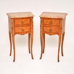 Pair of Antique French Inlaid Marble Top Bedside Chests
