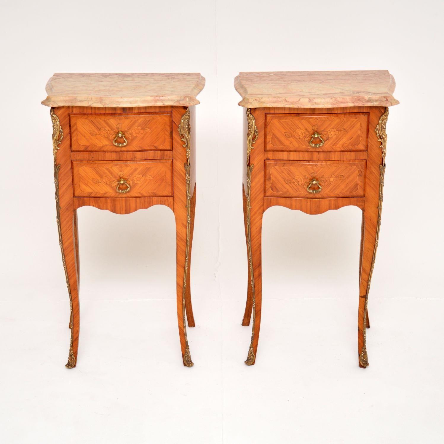 Louis XV Pair of Antique French Inlaid Marble Top Bedside Chests