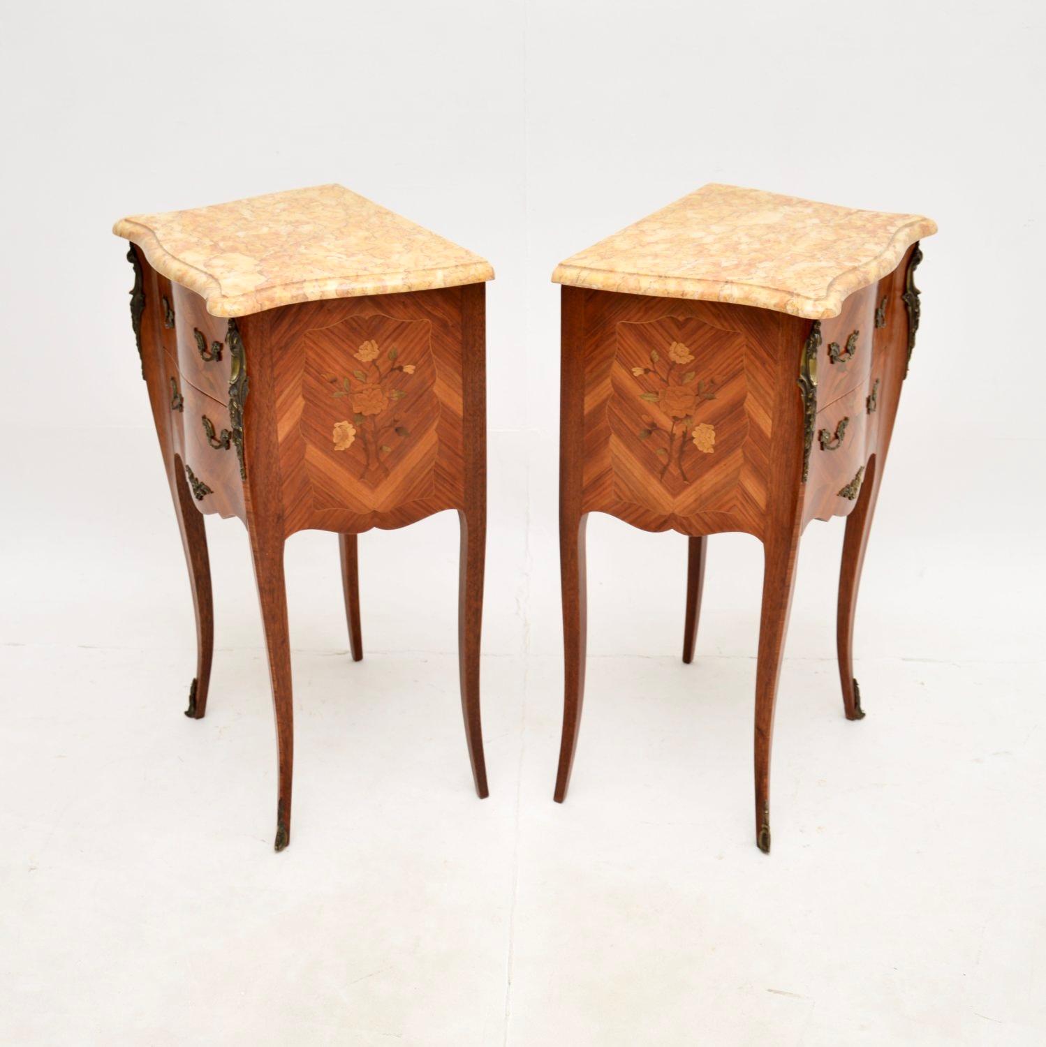 Inlay Pair of Antique French Inlaid Marble Top Bedside Chests For Sale