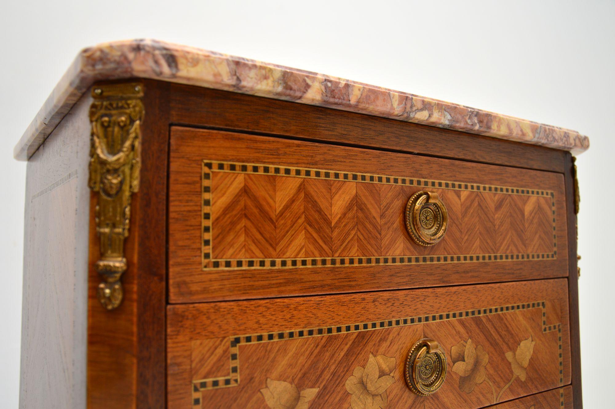 20th Century Pair of Antique French Inlaid Marble Top Bedside Chests