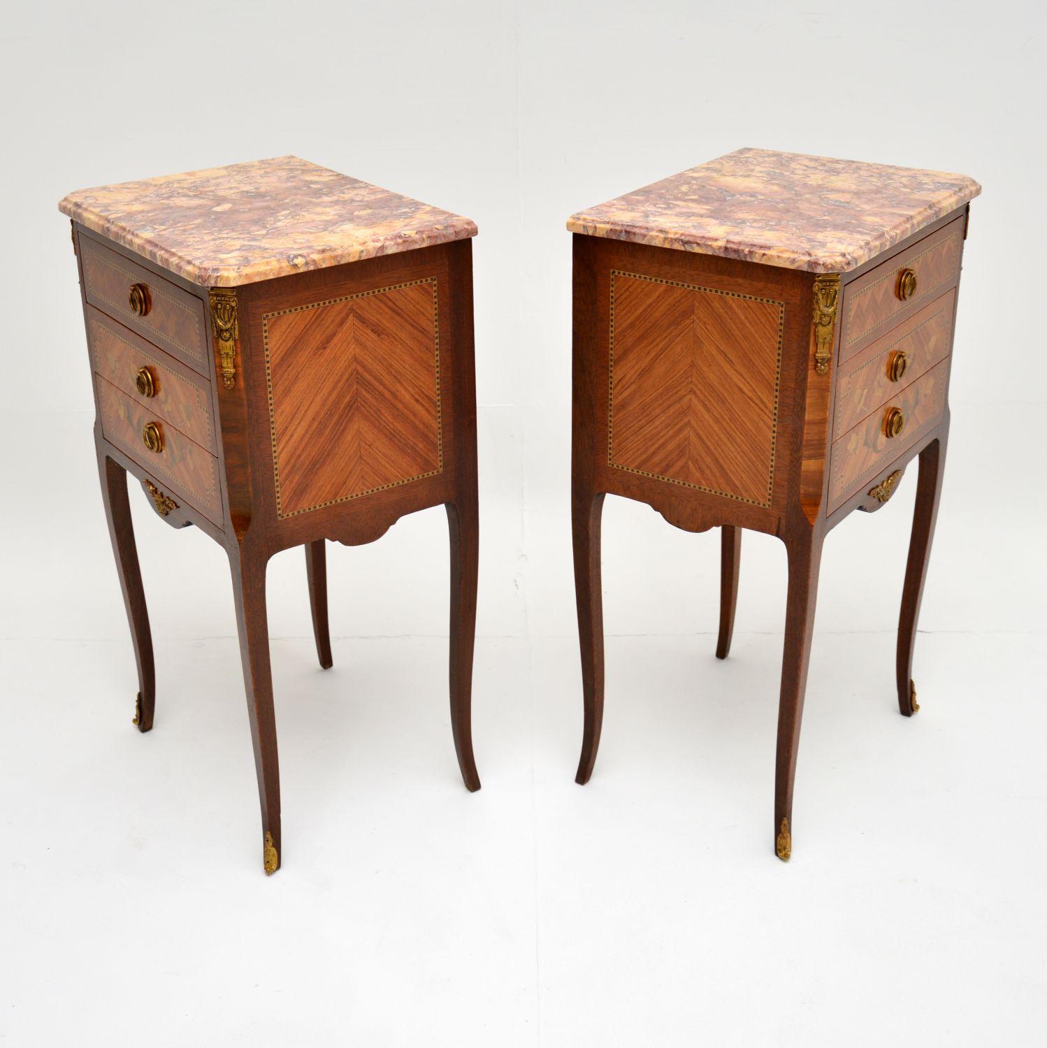 Pair of Antique French Inlaid Marble Top Bedside Chests 2