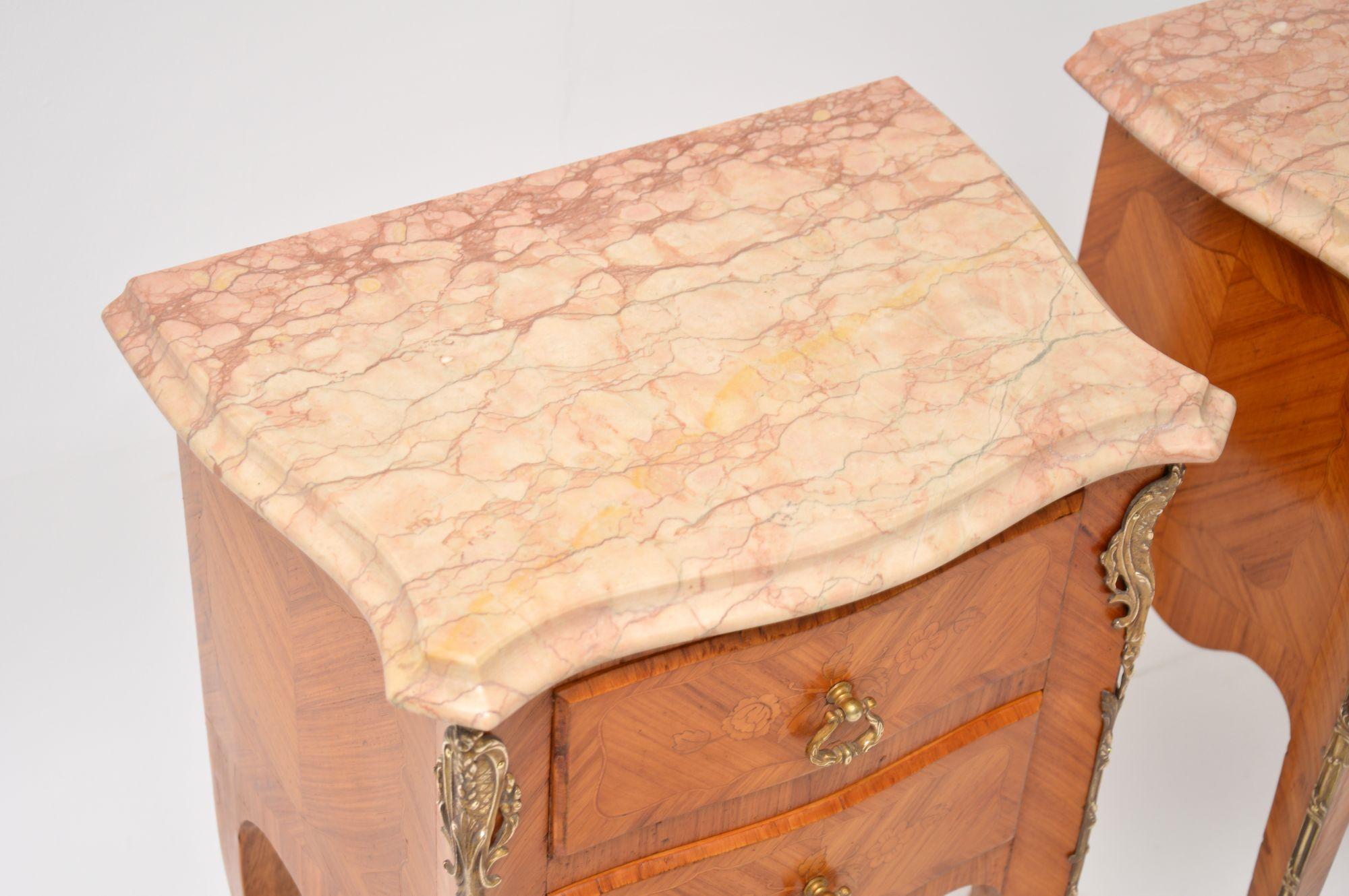 Pair of Antique French Inlaid Marble Top Bedside Chests 1