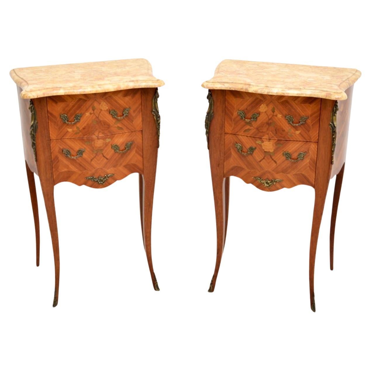 Pair of Antique French Inlaid Marble Top Bedside Chests For Sale