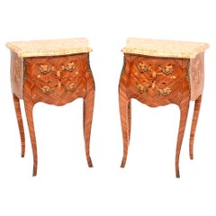 Pair of Antique French Inlaid Marble Top Bedside Chests