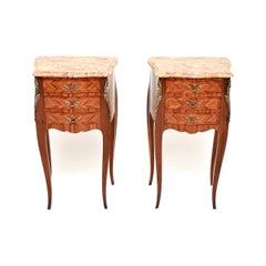Pair of Antique French Inlaid Marble Top Bedside Chests