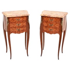 Pair of Antique French Inlaid Marble Top Bedside Chests