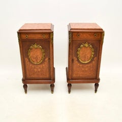 Pair of Antique French Inlaid Walnut Marble Top Bedside Cabinets