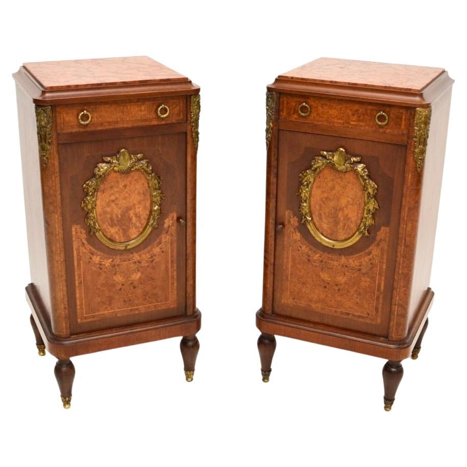 Pair of Antique French Inlaid Walnut Marble Top Bedside Cabinets