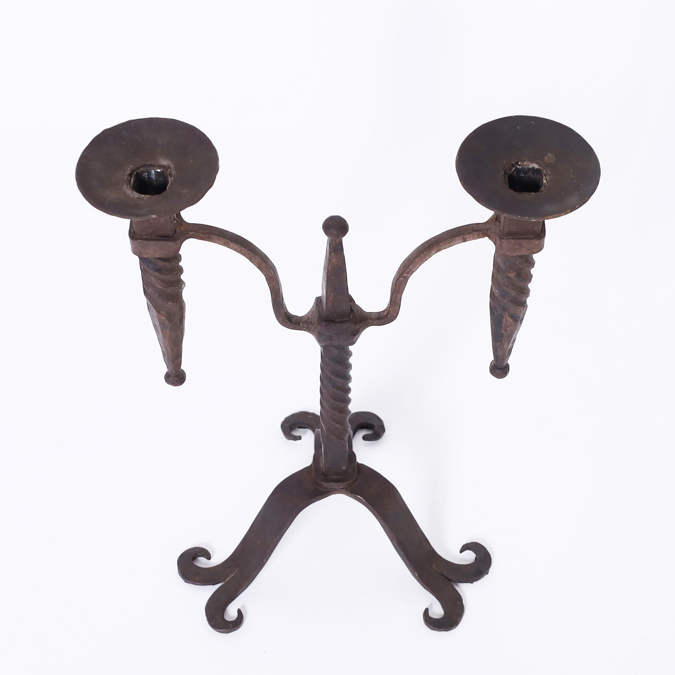 Napoleon III Pair of Antique French Iron Candle Sticks For Sale