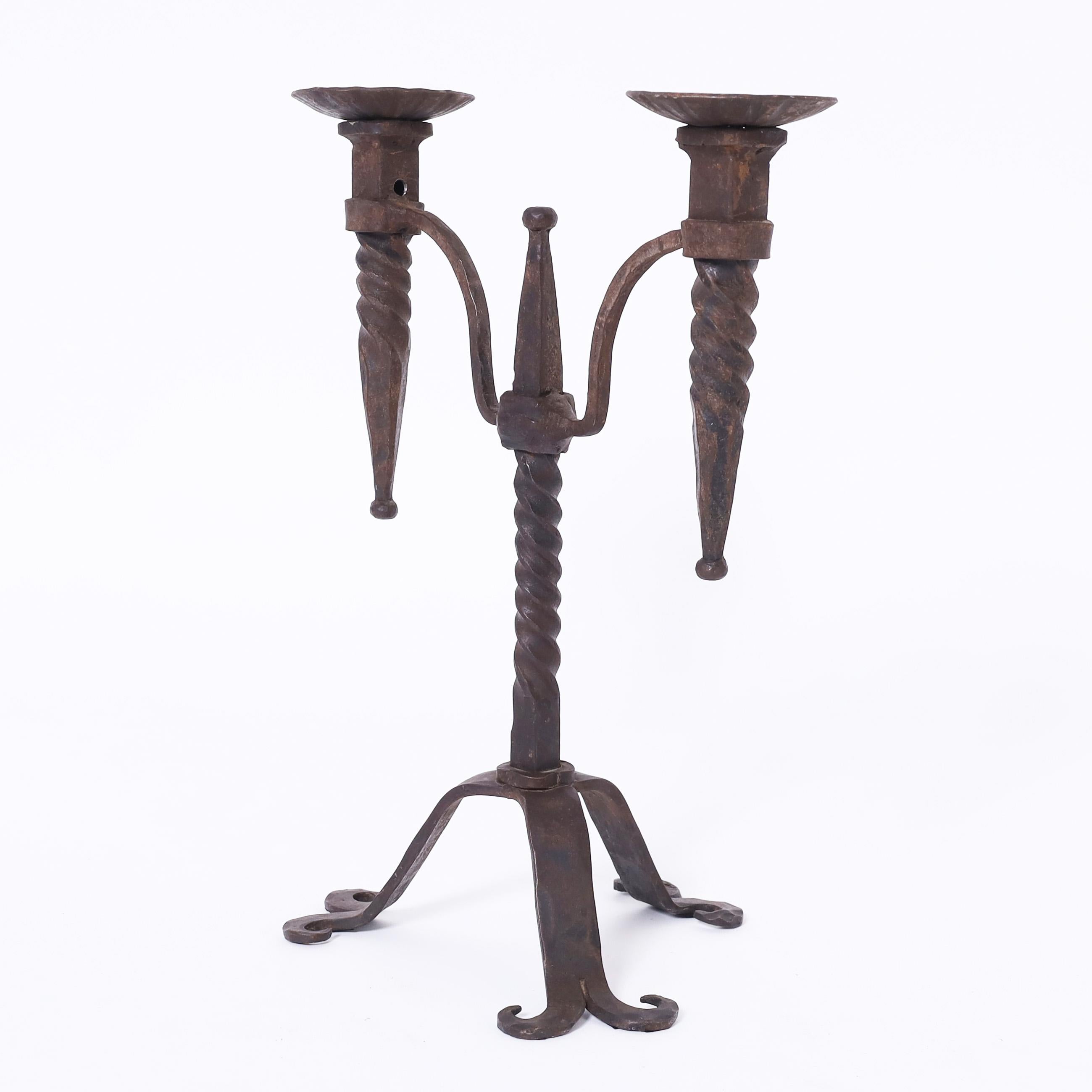 Pair of Antique French Iron Candle Sticks In Good Condition For Sale In Palm Beach, FL