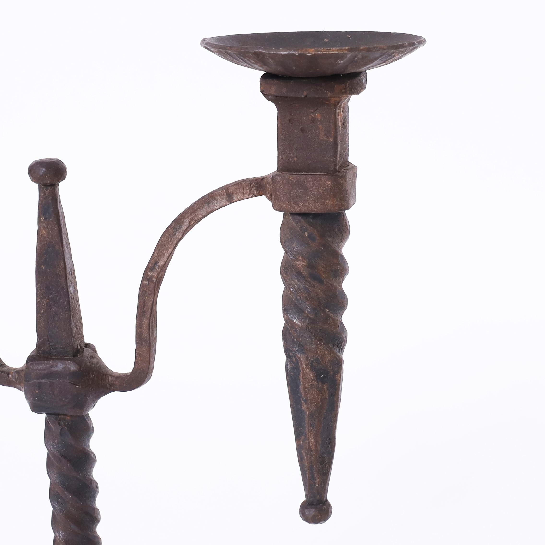 19th Century Pair of Antique French Iron Candle Sticks For Sale