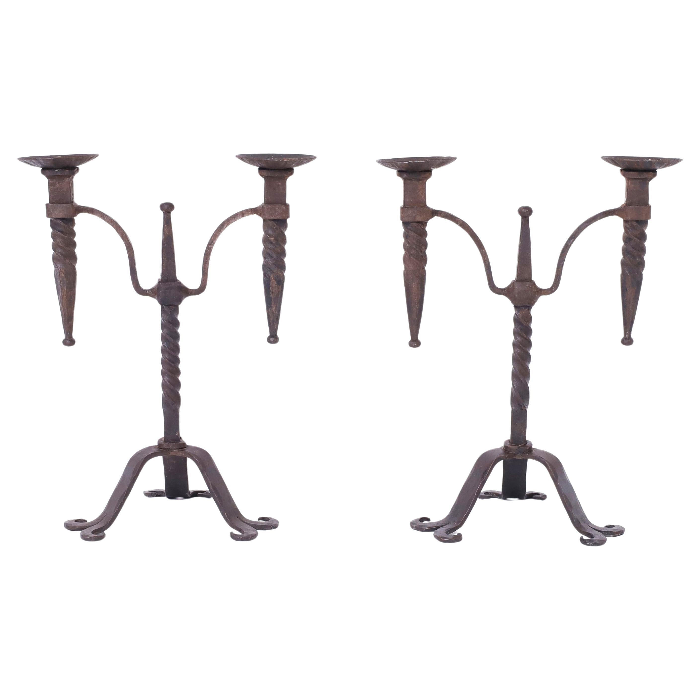 Pair of Antique French Iron Candle Sticks For Sale