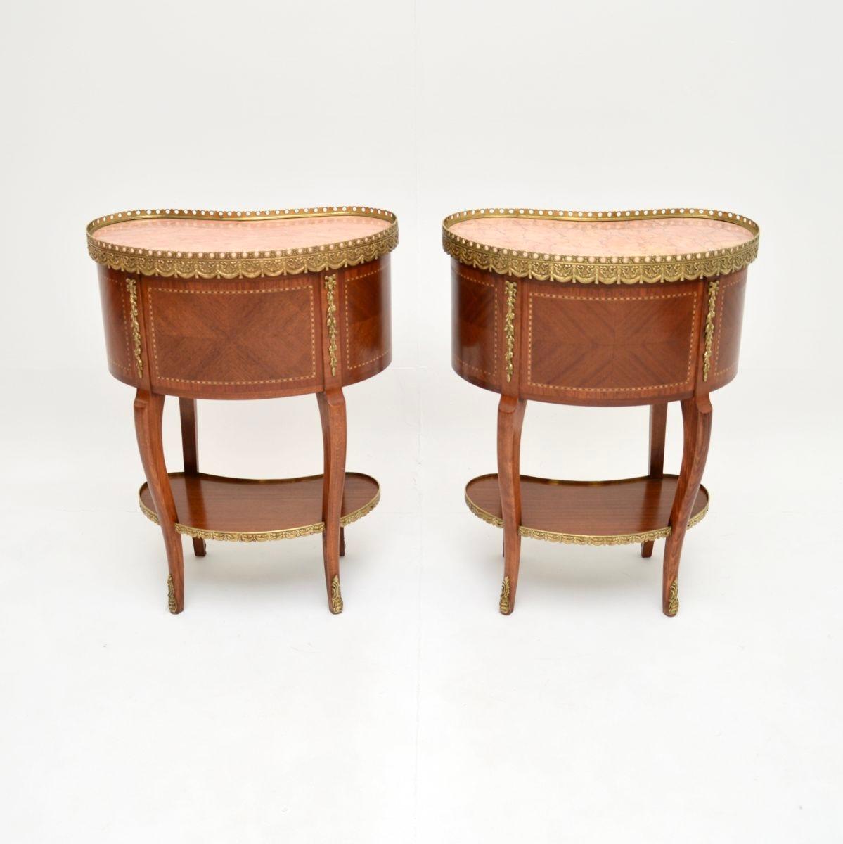 Ormolu Pair of Antique French Kidney Shaped Marble Top Side Tables
